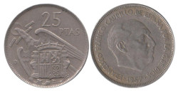 Испания. 25 песет 1957 год. Франсиско Франко. (59 внутри звезды)