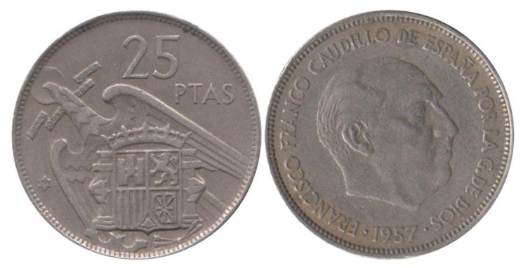  Испания. 25 песет 1957 год. Франсиско Франко. (59 внутри звезды) 