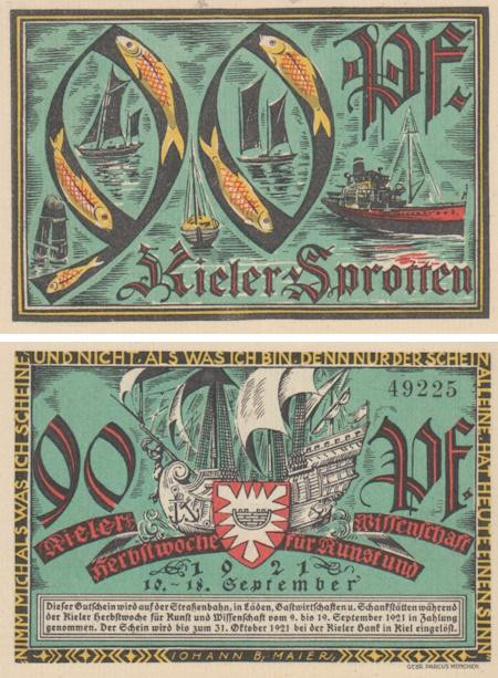  Бона. Германия. Киль 90 пфеннигов 1921 год (вариант 2). Нотгельд. (XF) 