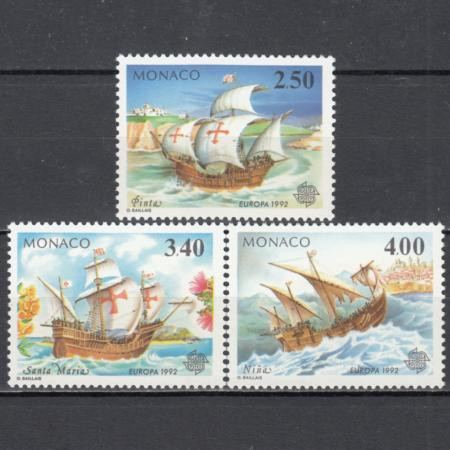  Набор марок. Монако 1992 год. 500-летие открытия Америки. Корабли флотилии Колумба: "Пинта", "Санта-Мария" и "Нинья". (3 марки) 