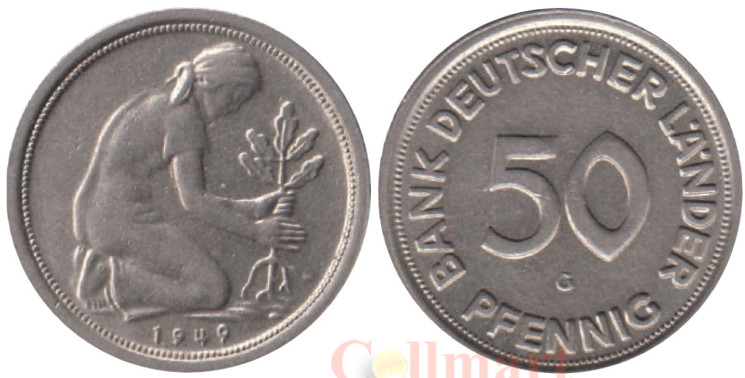  Германия (ФРГ). 50 пфеннигов 1949 год. Женщина, сажающая росток дуба. (G) 