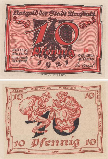  Бона. Германия. Арнштадт 10 пфеннигов 1921 год. Серия n. Нотгельд. (XF) 