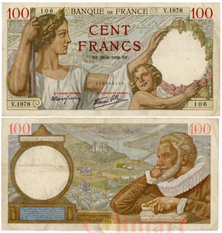  Бона. Франция 100 франков 1939 год. Морис де Сюлли. (VF) 