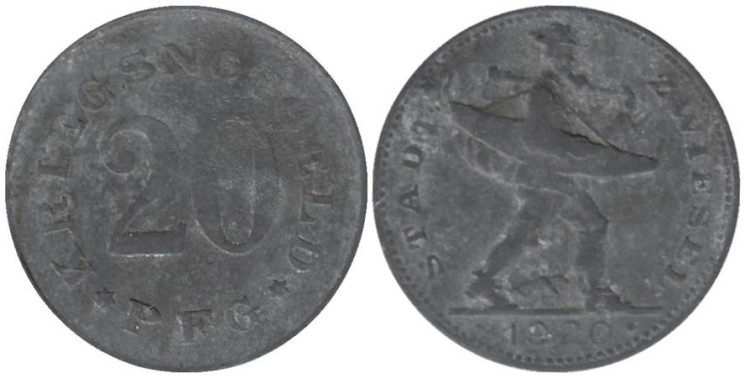 Германия. Цвизель. 20 пфеннигов 1920 год. Лесоруб. Нотгельд. 