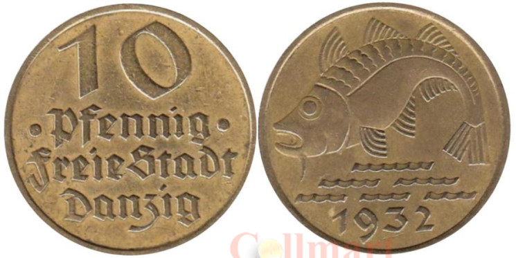  Данциг. 10 пфеннигов 1932 год. Рыба. 