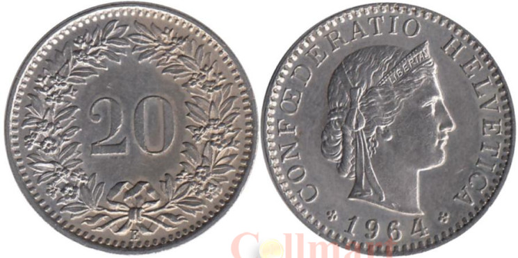  Швейцария. 20 раппенов 1964 год. 