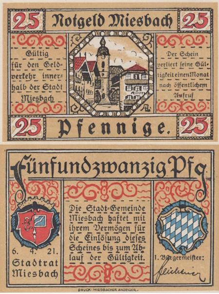  Бона. Германия. Мисбах 25 пфеннигов 1921 год. Нотгельд. (XF) 