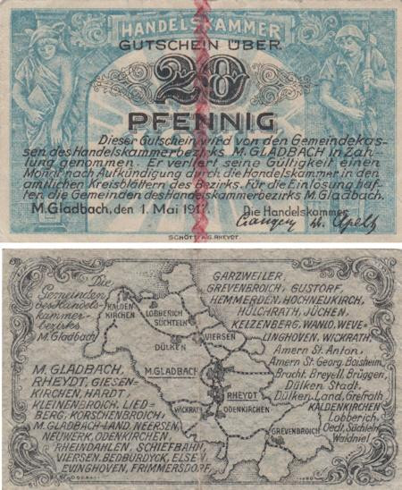  Бона. Германия. Мёнхенгладбах 20 пфеннигов 1917 год. Нотгельд. (VF) 