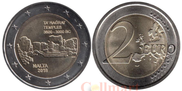  Мальта. 2 евро 2019 год. Доисторические места Мальты - Храм Та’ Хаджрат. 