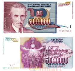Бона. Югославия 5000000 динаров 1993 год. Никола Тесла. (Пресс)