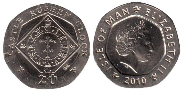  Остров Мэн. 20 пенсов 2010 год. Часы замка Рашен. 