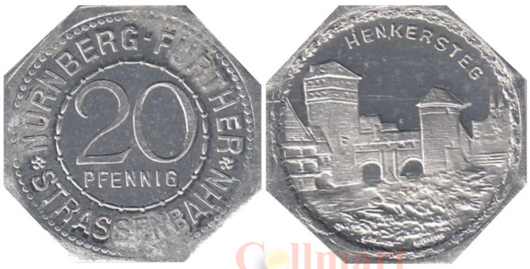  Германия. Нюрнберг-Фюртер. 20 пфеннигов без года выпуска. Мост палача в Нюрнберге. Нотгельд трамвайный. 