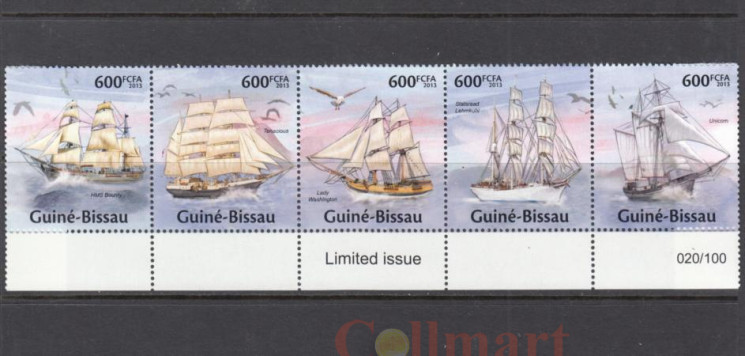  Сцепка марок. Гвинея-Бисау 2013 год. Парусники. (5 марок) 