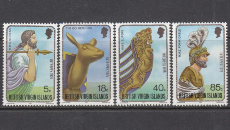  Набор марок. Британские Виргинские острова 1975 год. Гальюнные фигуры (украшения на носу) парусных судов. Филателистическая выставка INTERPEX. (4 марки) 