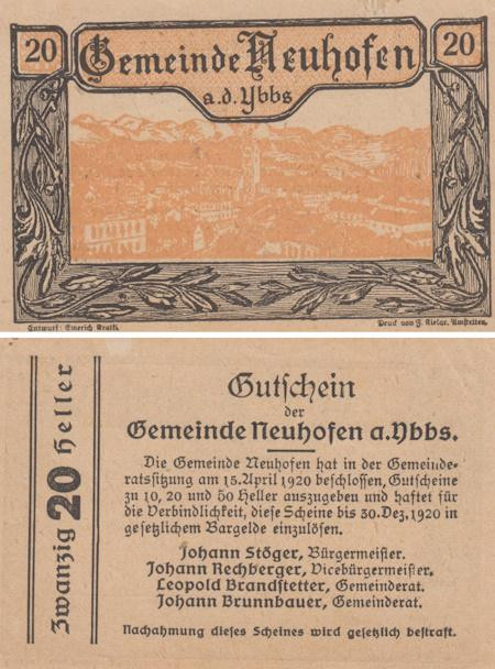  Бона. Австрия. Нойхофен-ан-дер-Ибс 20 геллеров 1920 год. Нотгельд. (XF) 