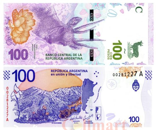  Бона. Аргентина 100 песо 2018 год. Перуанский олень. (Пресс) 