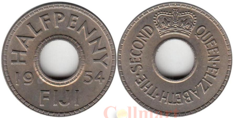  Фиджи. 1/2 пенни 1954 год. Королева Елизавета II. 