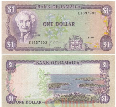  Бона. Ямайка 1 доллар 1990 год. Сэр Александр Бустаманте. (VF) 