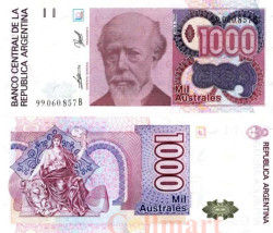 Бона. Аргентина 1000 аустралей 1988-1990 год. Хулио Рока. (Пресс)