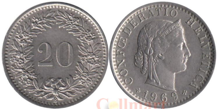 Швейцария. 20 раппенов 1969 год. 