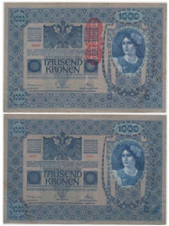 Бона. Австрия 1000 крон 1902 (1919) год. Женский портрет. (вертикальная надпечатка) (VF)