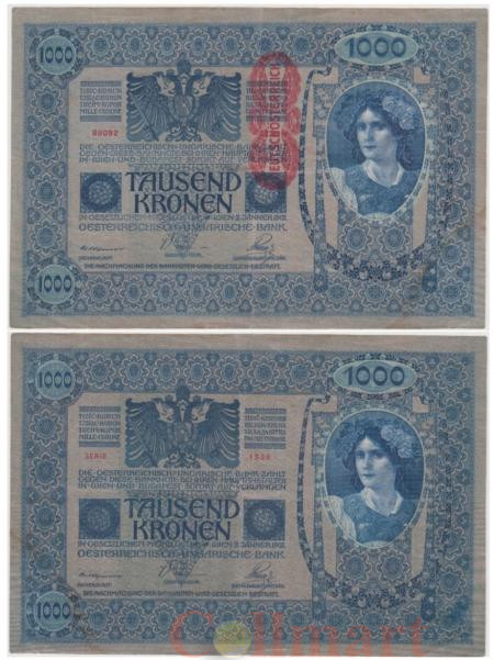  Бона. Австрия 1000 крон 1902 (1919) год. Женский портрет. (вертикальная надпечатка) (VF) 