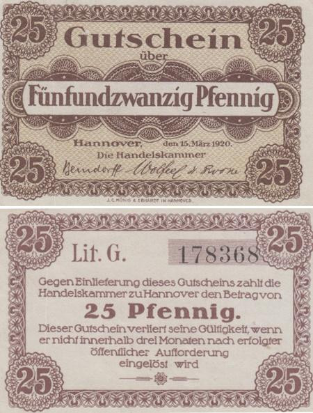  Бона. Германия. Ганновер 25 пфеннигов 1920 год. Нотгельд. (VF) 