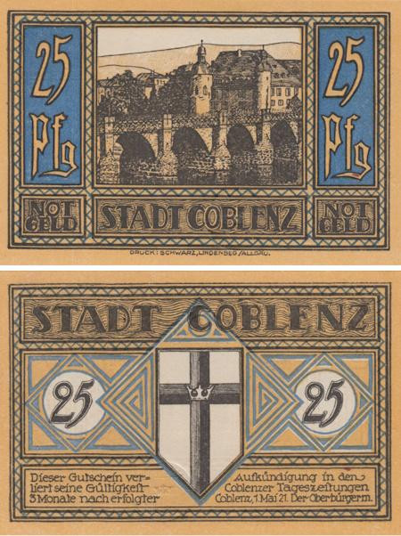  Бона. Германия. Кобленц 25 пфеннигов 1921 год. Нотгельд. (XF) 