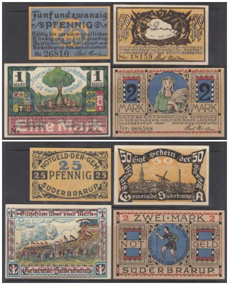  Набор банкнот. Германия. Зюдербраруп 25, 50 пфеннигов, 1 и 2 марки 1920-1921 год. Нотгельды, 4 штуки. (VF-XF) 