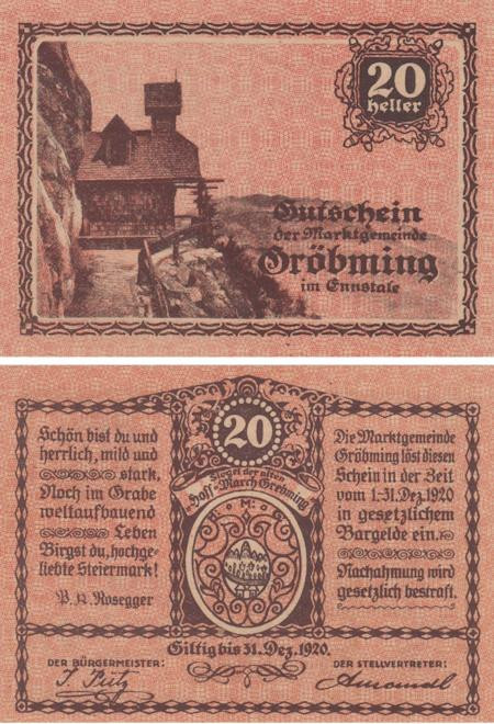  Бона. Австрия. Грёбминг 20 геллеров 1920 год. Нотгельд. (XF) 