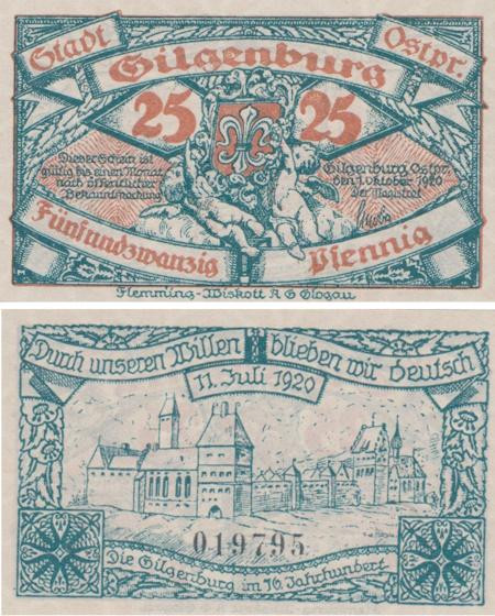  Бона. Германия (Польша). Гильгенбург (Домбрувно) 25 пфеннигов 1920 год. Нотгельд. (XF) 