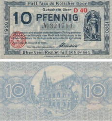 Бона. Германия. Кёльн 10 пфеннигов 1920 год. Воин. Нотгельд. (XF)