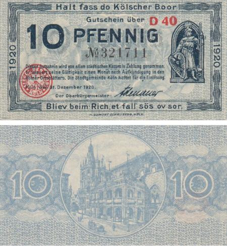  Бона. Германия. Кёльн 10 пфеннигов 1920 год. Воин. Нотгельд. (XF) 