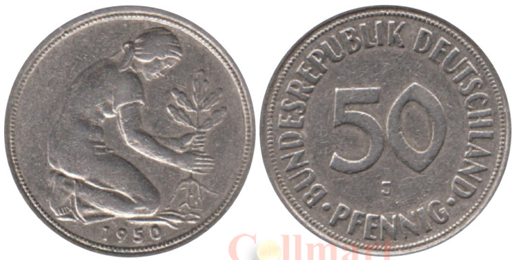  Германия (ФРГ). 50 пфеннигов 1950 год. Женщина, сажающая росток дуба. (J) 