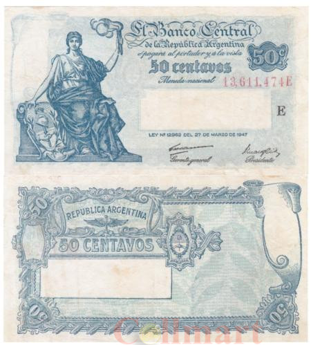  Бона. Аргентина 50 сентаво 1948 год. Свобода. (VF) 