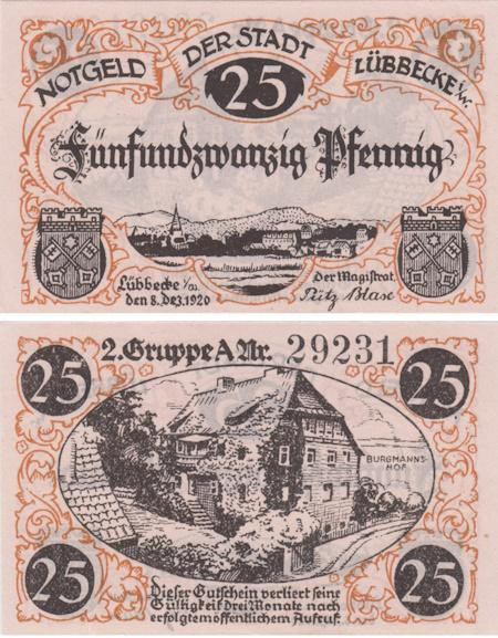  Бона. Германия. Люббекке 25 пфеннигов 1920 год. Дом бургомистра. Нотгельд. (XF) 