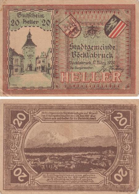  Бона. Австрия. Фёклабрукк 20 геллеров 1920 год. Нотгельд. (F) 