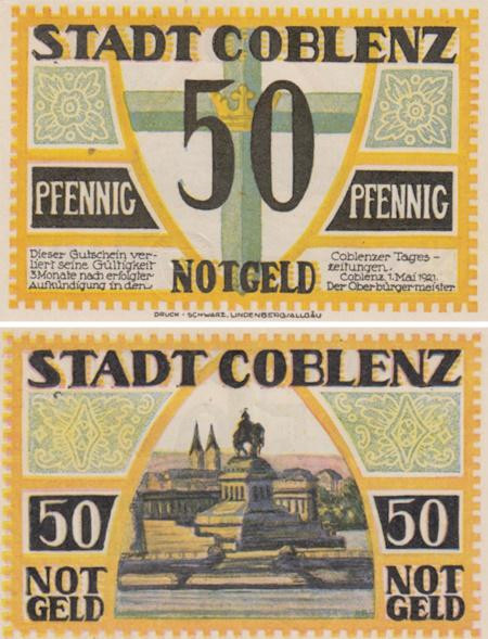  Бона. Германия. Кобленц 50 пфеннигов 1921 год. Памятник. Нотгельд. (XF) 