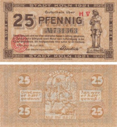 Бона. Германия. Кёльн 25 пфеннигов 1921 год. Нотгельд. (XF)