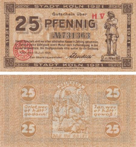  Бона. Германия. Кёльн 25 пфеннигов 1921 год. Нотгельд. (XF) 