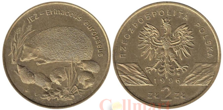  Польша. 2 злотых 1996 год. Ёж. 