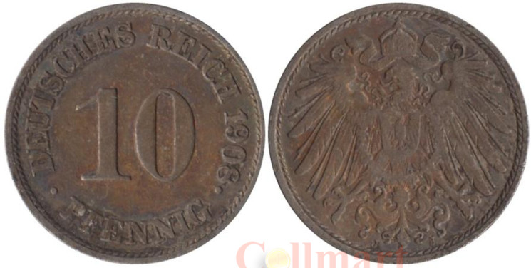  Германская империя. 10 пфеннигов 1908 год. (J) 