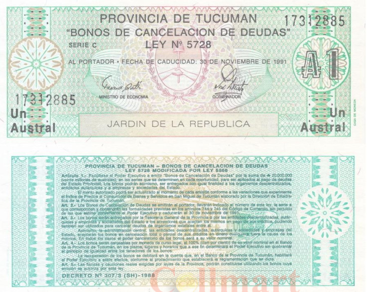  Бона. Аргентина. Провинция Тукуман 1 аустраль 1991 год. (Пресс) 