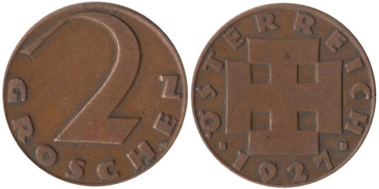  Австрия. 2 гроша 1927 год. 