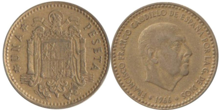  Испания. 1 песета 1966 год. Франсиско Франко. (74 внутри звезды) 