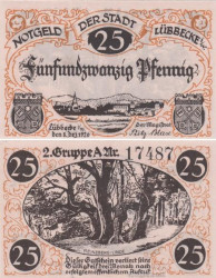 Бона. Германия. Люббекке 25 пфеннигов 1920 год. Старое дерево. Нотгельд. (XF)