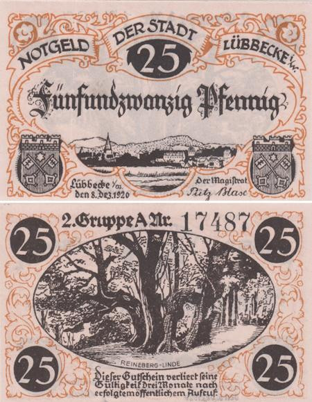  Бона. Германия. Люббекке 25 пфеннигов 1920 год. Старое дерево. Нотгельд. (XF) 