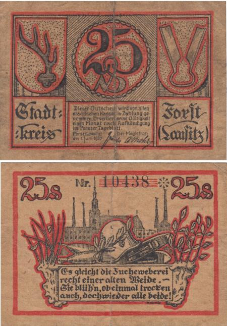  Бона. Германия. Форст (Лужица) 25 пфеннигов 1920 год. Нотгельд. (F) 
