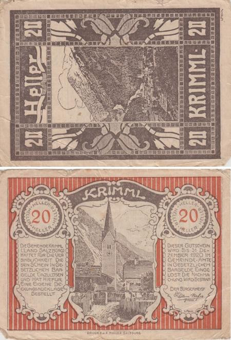  Бона. Австрия. Кримль 20 геллеров 1920 год. Нотгельд. (F) 