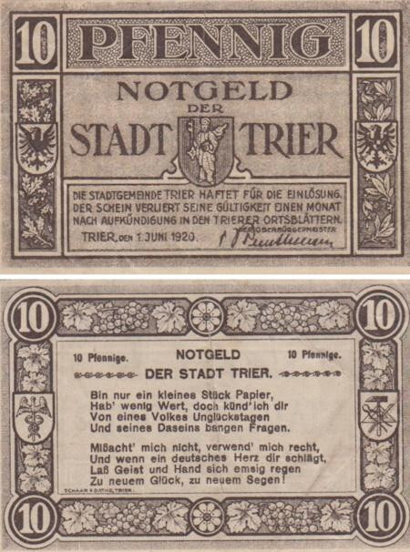  Бона. Германия. Трир 10 пфеннигов 1920 год. Нотгельд. (VF) 